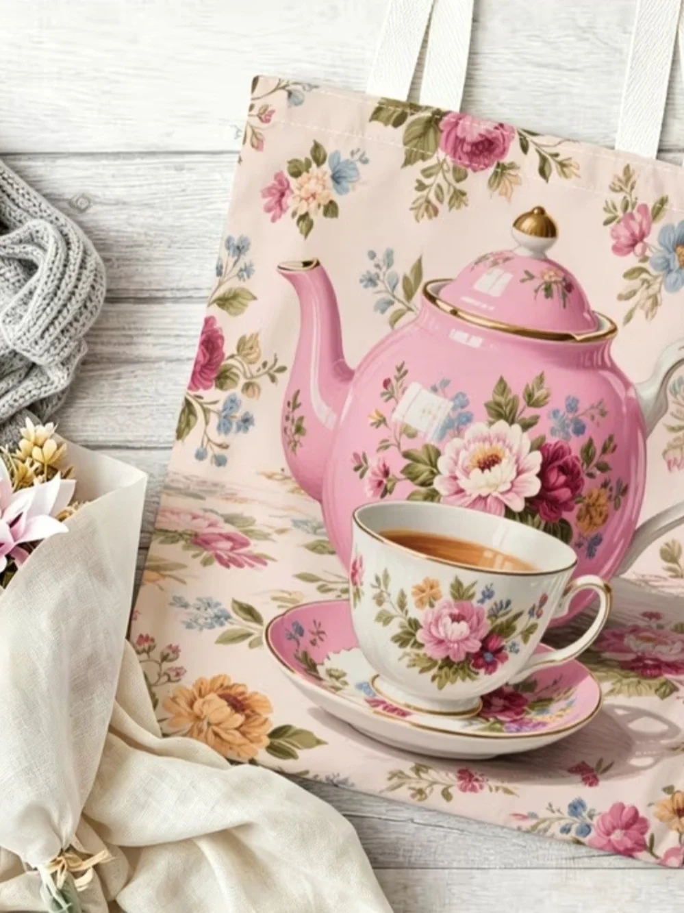 Floral Pink Teapot & Teacup Canvas Tote Bag - Elegant Tea Time Design